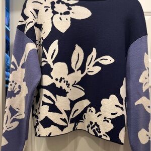 Maeve Cary’s Mock Neck Floral Patterned Sweater - Navy and White Size XS